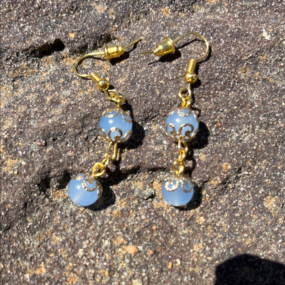 Gold-Tone Blue Bead Drop Earrings